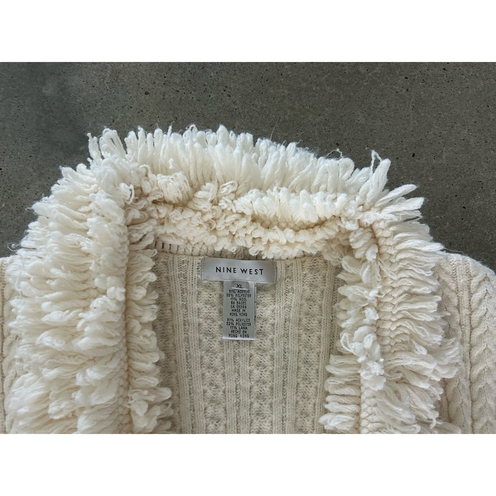 Nine West Y2K Cableknit Cardigan Duster Women XL Button Fringe Pocket Penny Lane - Picture 5 of 9